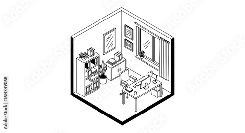 Office interior isometric view with desk and storage
