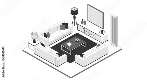 Modern living room interior with sectional sofa and media console