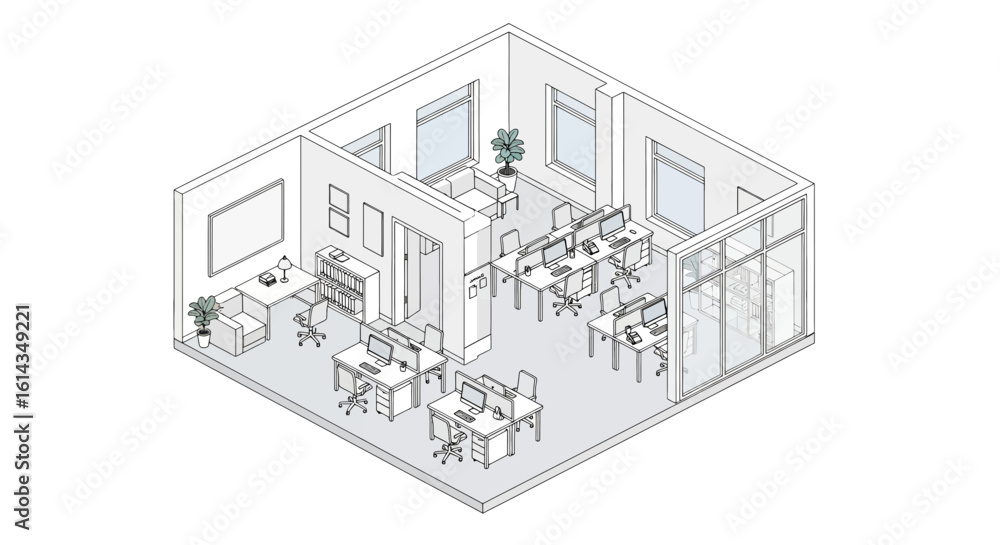 Fototapeta premium Office Workspace Interior Isometric Layout with Desks and Windows