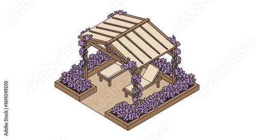 Pergola with flowers and lounge chairs outdoor relaxation