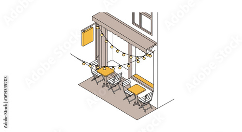 Cafe outdoor seating area with awning and string lights