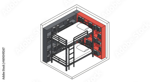 Bunk bed room interior with bookshelves and red accent