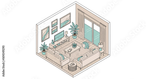 Modern living room interior with plants and artwork