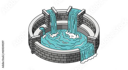 Circular fountain with waterfalls and stone structure