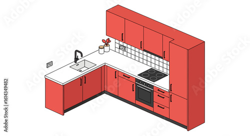 Red kitchen corner with appliances and cabinets