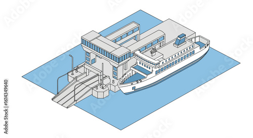 Ferry terminal building with docked boat isometric view