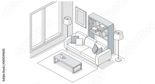Living room interior with sofa, rug, and bookshelf