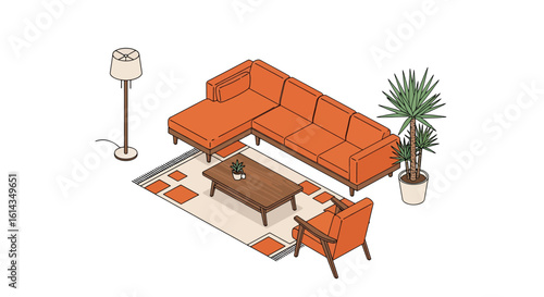 Living room interior with sectional sofa and plants