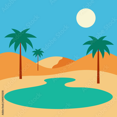 Desert oasis with palm trees and a turquoise pool