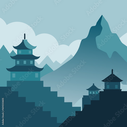Serene asian pagodas amidst misty mountains