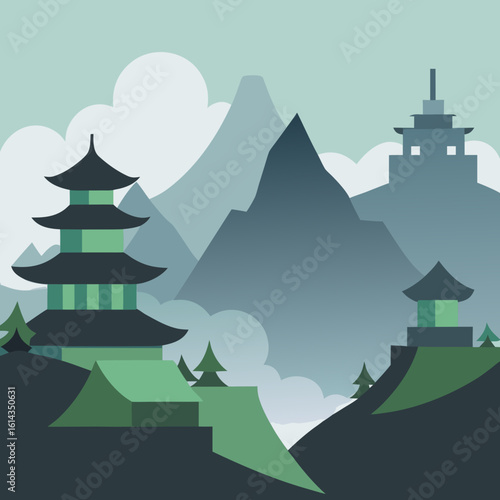 Serene mountain landscape with pagodas and evergreen trees