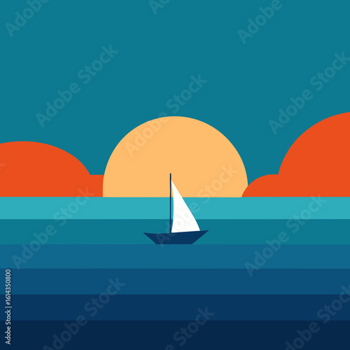 Minimalist sailboat sailing towards a colorful sunset