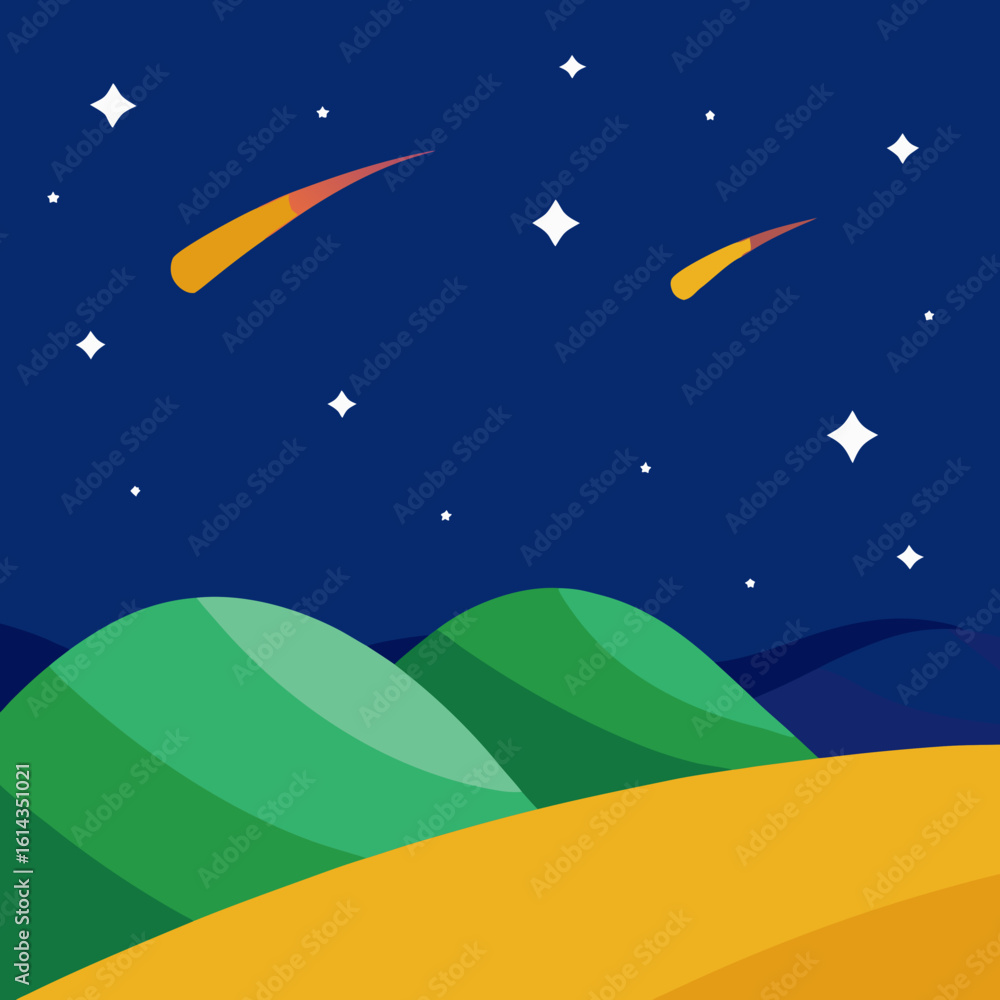Naklejka premium Stylized night sky over rolling hills with meteor shower