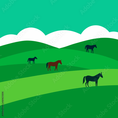 Horses grazing on rolling green hills under a cloudy sky