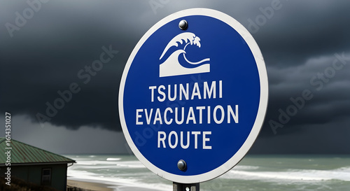 Tsunami Evacuation Route Sign Against a Stormy Sky, Warning of Coastal Flood Danger
