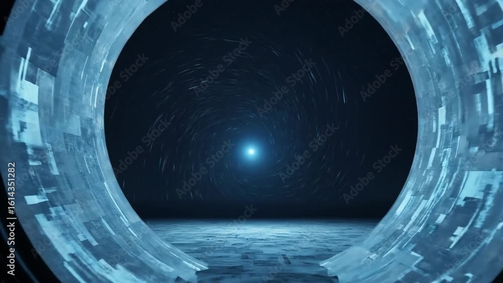 Abstract portal leading to a vortex, with sci-fi arch architecture and universe background, concept of future technology and time travel, gate to another world or dimension.