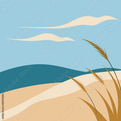 Minimalist landscape with dunes water and sky with clouds