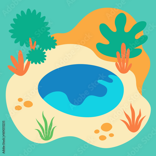 Abstract oasis with stylized plants and water