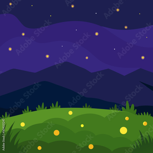 Magical night scene with fireflies and mountains