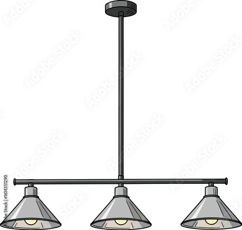 A three light pendant fixture with metal shades on a white background