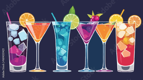 four distinct cocktail glasses, each filled with a vibrant, color-changing beverage