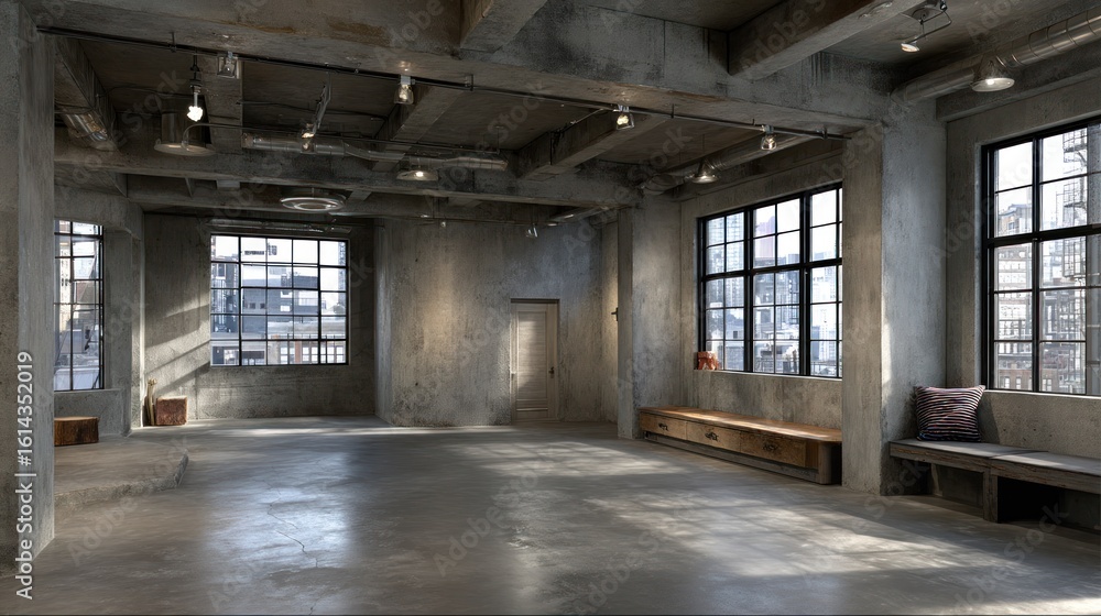 Empty loft space with concrete walls and large windows letting in daylight Empty loft space with concrete walls and large windows letting in daylight