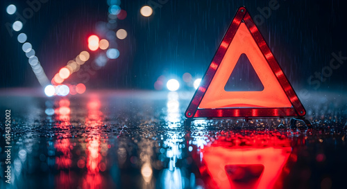 Roadside Hazard Alert: Warning Triangle in a Nighttime Rain Flood