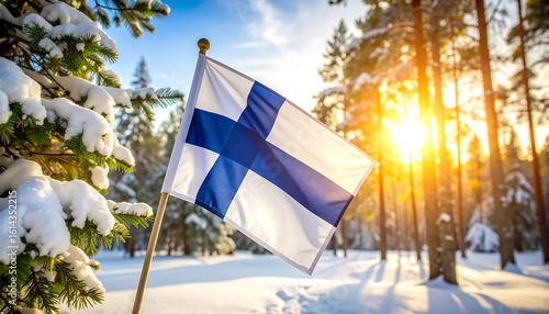 Finnish flag in snowy forest (2)