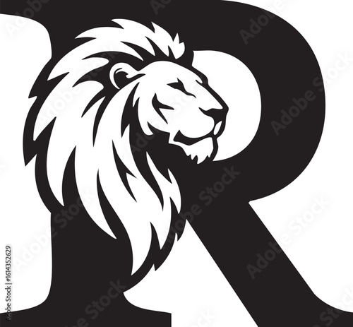 Bold letter r logo with a powerful lion head silhouette