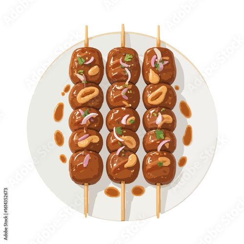 Grilled Meatball Skewers with Sauce and Onions. Indonesian Satay (Sate Bakso / Sate Lilit).