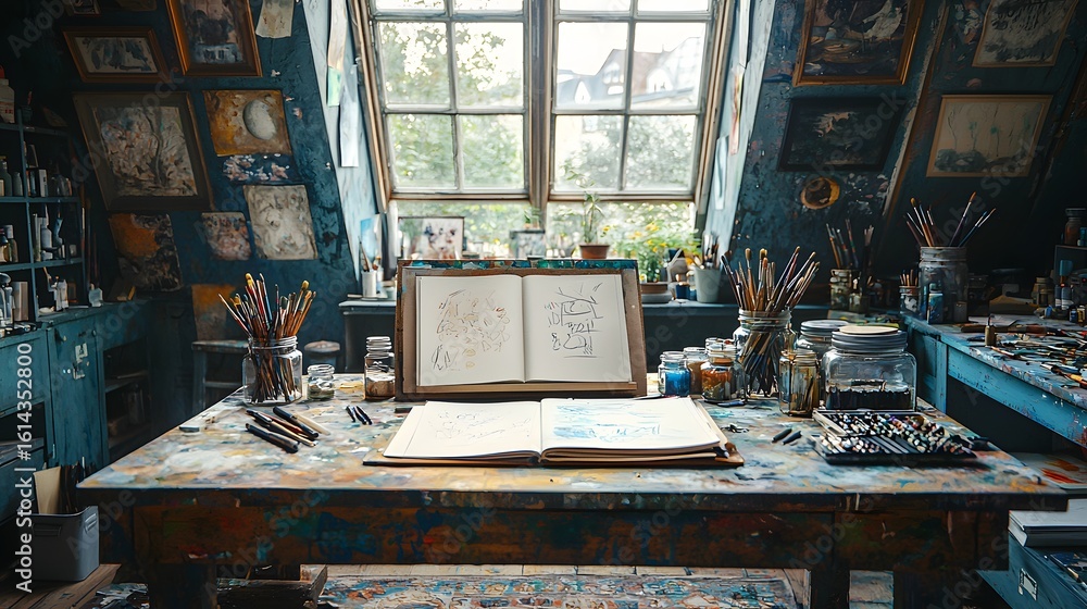 Fototapeta premium A cozy and realistic illustration of a cluttered artist's studio desk in an attic, featuring brushes, paints, a sketchbook, and a large window overlooking a city