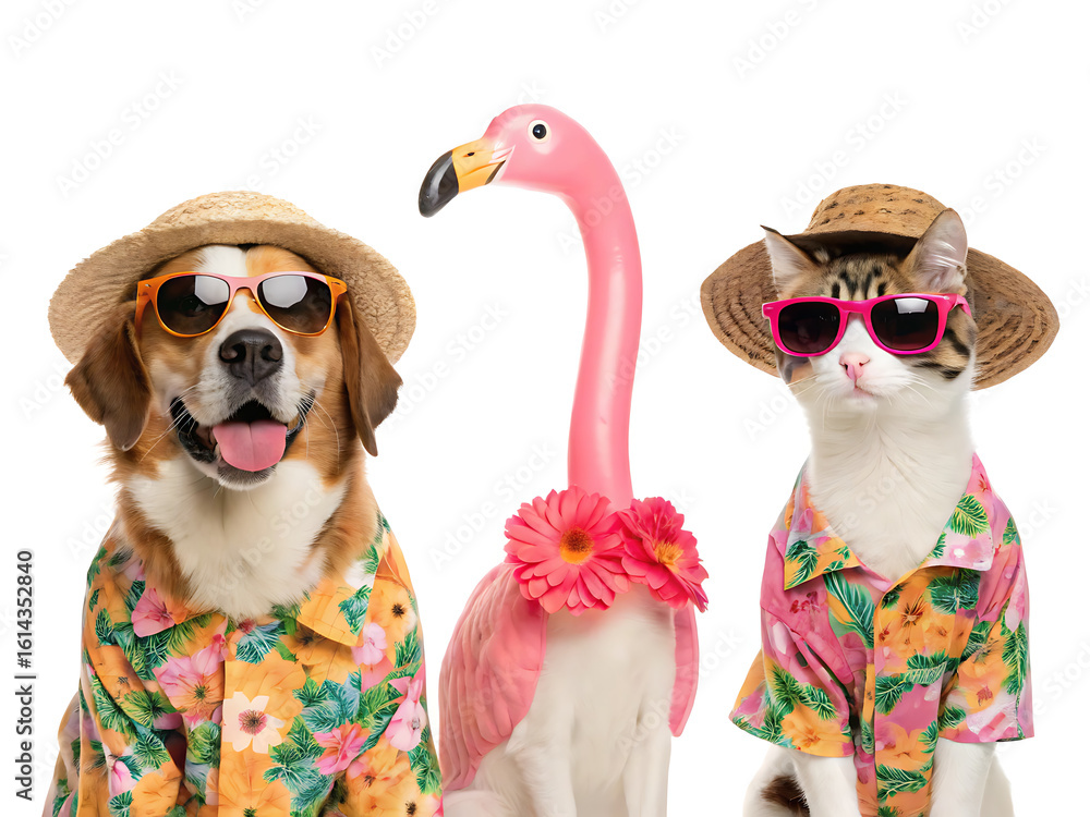 Obraz premium Dog and cat wearing hats and sunglasses with a flamingo toy on a white studio background