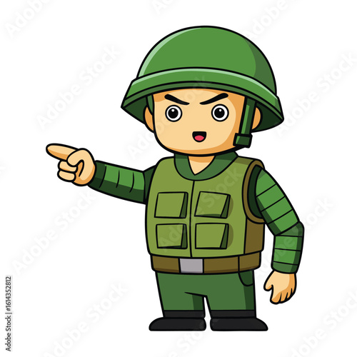 Cartoon Soldier Character Pointing Forward Wearing a Helmet and Olive Green Uniform Illustration
