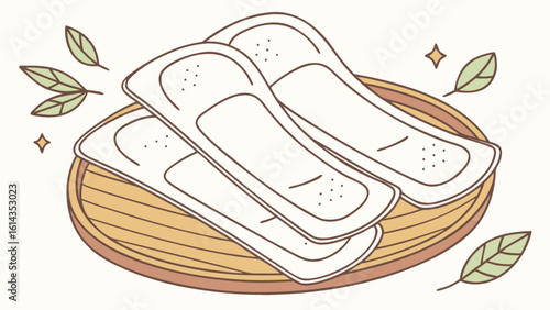 Feminine hygiene products menstrual pads sanitary napkins on wooden plate with leaves