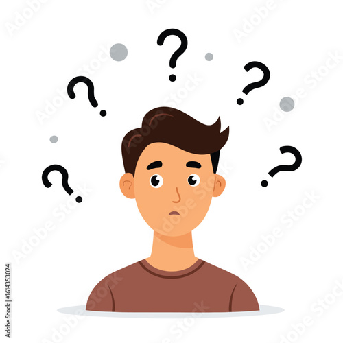 Confused Man with Question Marks and Dots Illustration on a White Background