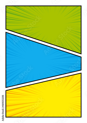 漫画風　コマ割り　三分割　集中線　カラフル　斜めカット