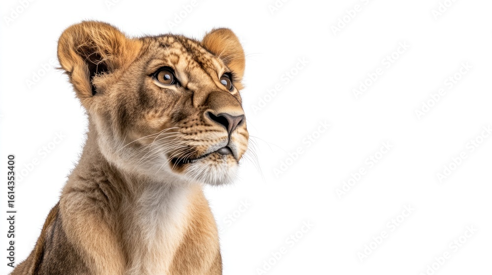 Obraz premium Majestic lion cub portrait against a bright white background