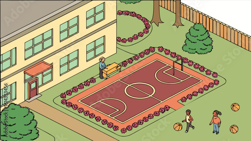 Isometric school building with basketball court and kids playing for education design art