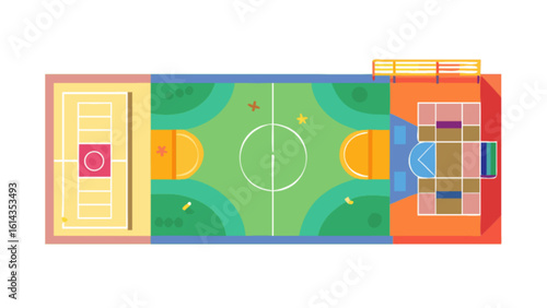 Aerial view of sports complex featuring basketball court soccer field and tennis court