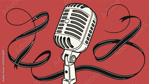 Vintage microphone illustration for podcasting and audio recording studio equipment use