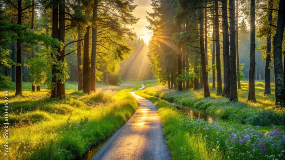 Naklejka premium Golden sun rays illuminate a tranquil path winding through a verdant forest, bordered by vibrant wildflowers and a gentle stream