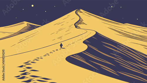 Desert landscape illustration of person walking on sand dunes at night with stars view