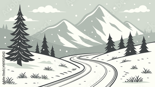 Winter landscape scene with snowy mountains and trees vector graphic illustration