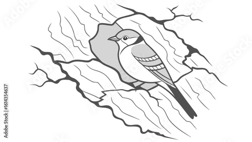Illustration of a bird in a tree hollow drawing for coloring book page vector image