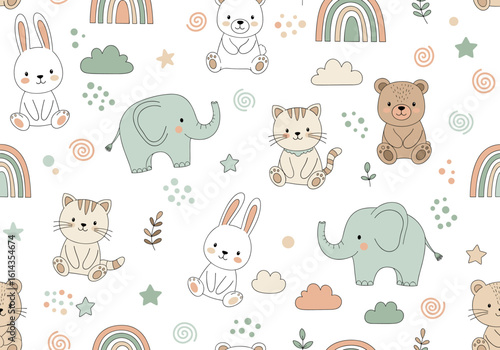 Seamless pattern featuring hand-drawn cute baby animals including bunnies, bears, kittens, and elephants with whimsical doodles like rainbows and stars in soft pastel colors on a clean white backgroun