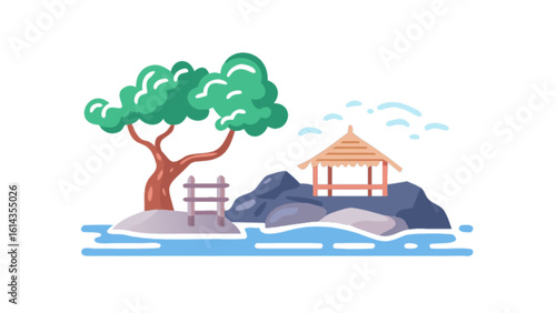 Island getaway with gazebo and tree vector illustration for travel and vacation ads