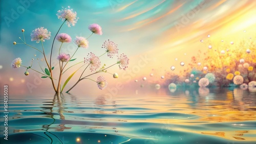 Serene Aquatic Bloom Pastel Flowers Reflecting in Calm Water at Sunset