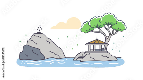 Island landscape scenery with volcano and gazebo vector illustration graphic art