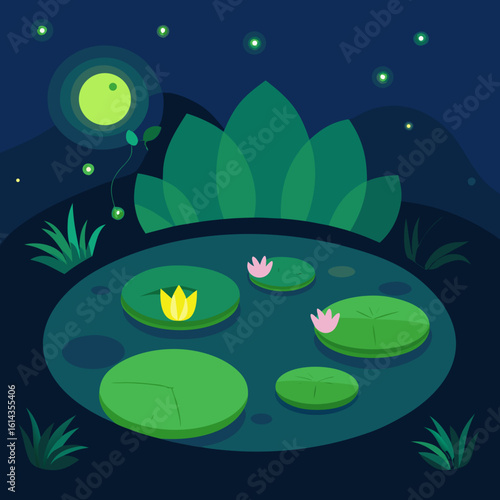 Enchanting night pond with fireflies and water lilies