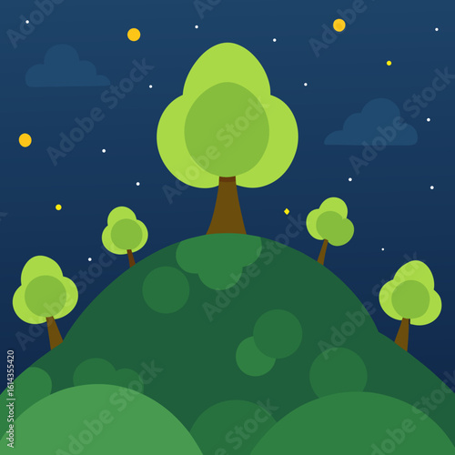 Stylized green hillside with trees under a starry night sky